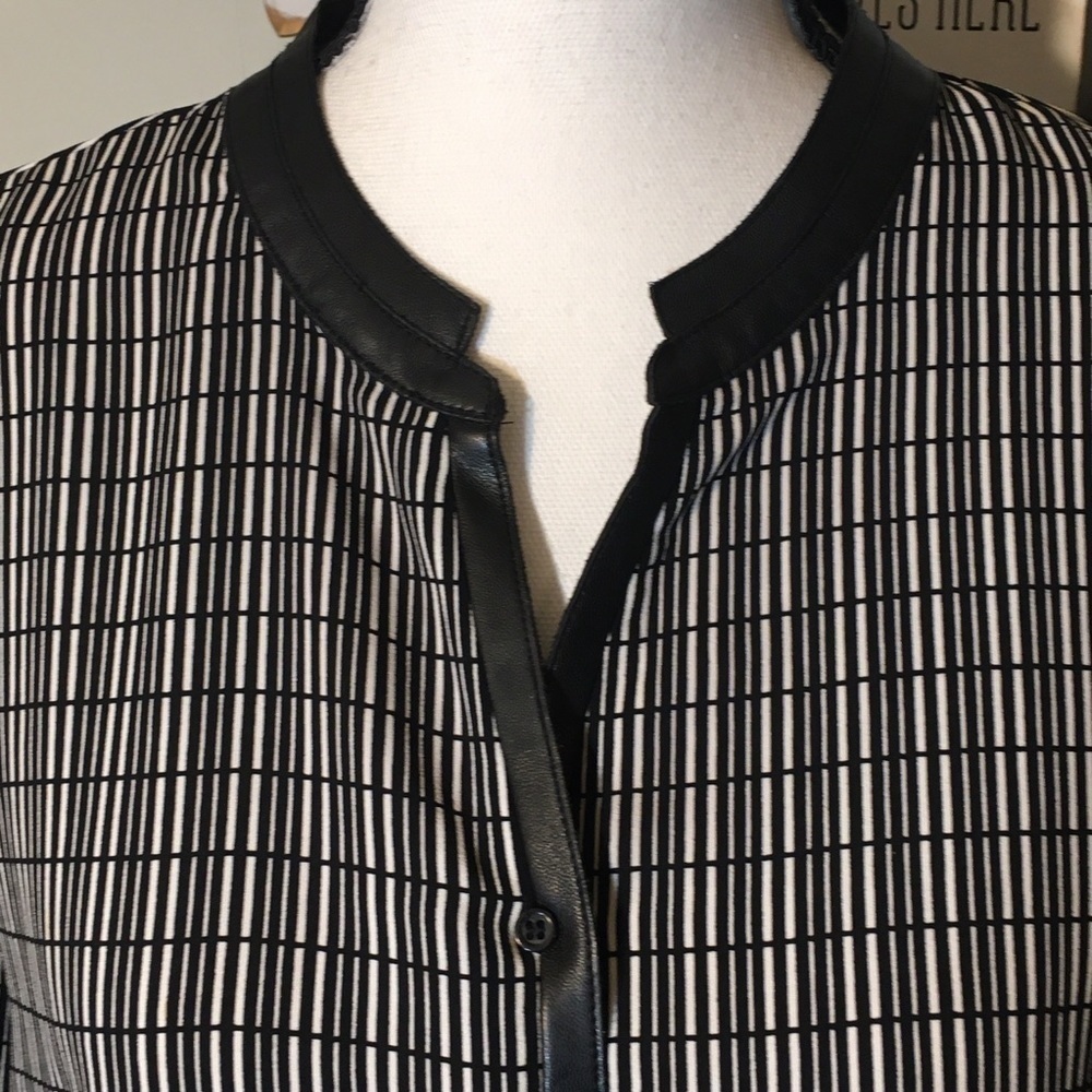 Alfani basket weave print leather look trim blouse